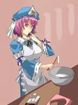  apron breasts chocolate chocolate_bar chocolate_making cup finger_in_mouth hat highres japanese_clothes large_breasts pink_eyes pink_hair saigyouji_yuyuko short_hair solo spatula touhou triangular_headpiece white_chocolate yet_you 