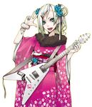  blue_eyes electric_guitar flower flying_v guitar hair_flower hair_ornament hair_ribbon hairclip instrument japanese_clothes kimono nail_polish original ribbon shiro_(nitto) solo white_hair 