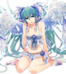  angel_wings bare_shoulders bow earrings feathers flower full_body hair_bow hatsune_miku highres irono_(irtyu) jewelry legs long_hair looking_at_viewer midriff shoes simple_background sitting solo twintails very_long_hair vocaloid wings 