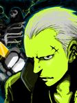  barbell_piercing black_eyes blonde_hair dual_persona ear_piercing green jacket male_focus monochrome nose_piercing persona persona_4 piercing scar skeleton solo tatsumi_kanji yellow yosim 