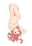  barefoot breasts brown_eyes face hands long_hair looking_at_viewer lying medium_breasts misada navel nipples nude on_back original red_hair simple_background smile solo upside-down white_background 