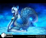  abstract_background bikini blank_stare blue_eyes blue_fur canine claws clothed clothing cloud female fluffy_tail full_moon fur hair huge_tail kneeling long_hair mammal markings moon night onegai outside pawpads seiza skimpy sky solo stars swimsuit toe_claws tofu93 unknown_species water white_hair 