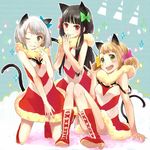  animal_ears bad_id bad_pixiv_id black_hair blush_stickers boots bow brown_hair cat_ears cat_tail double_bun dress fur_trim green_eyes hair_bow hands_together kneeling long_hair multiple_girls one_eye_closed open_mouth original red_eyes short_hair sitting smile strap_slip tail tanaka_(colorcorn) tongue v white_hair 