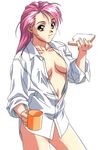  90s :t bangs bottomless bread breasts breasts_apart brown_eyes buttons cowboy_shot cup dress_shirt eating food highres holding long_hair long_sleeves looking_at_viewer medium_breasts midriff mug naked_shirt no_bra non-web_source oda_miyuki official_art oldschool open_clothes open_shirt pink_hair profile shirt sideboob simple_background sleeves_folded_up solo standing toast unbuttoned white_background yamada_masaki zenkoku_seifuku_bishoujo_grand_prix 
