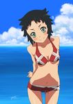  ano_natsu_de_matteru arisawa_chiharu bad_id bad_pixiv_id bikini black_hair blush breasts cleavage cloud collarbone dated day green_eyes highres looking_at_viewer medium_breasts midriff navel ocean s-yuta short_hair signature sky smile solo swimsuit thigh_gap 