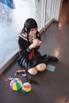  ball beachball cherries cherry cosplay eating enma_ai food fruit highres jigoko_shoujo jigoku_shoujo kaleidoscope kanata_(model) photo sailor sailor_uniform school_uniform serafuku waraningyo 