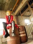  blonde_hair boots cosplay edward_elric fullmetal_alchemist highres overcoat photo rui_(model) 