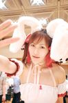  animal_ears bunny_ears choker cosplay detached_sleeves di_gi_charat dress fuzzy_dice hair_ribbon hair_ribbons highres laces photo ribbon strapless_dress usada_hikaru yuzu_kotoki 