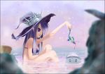  1girl artist_request bare_shoulders bikini blue_eyes blue_hair blurry breasts crown fatima fish foreshortening hat legs long_hair luminous_arc luminous_arc_2 open_mouth partially_submerged pointy_ears profile sitting star swimsuit water witch_hat 