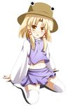  bad_id bad_pixiv_id blonde_hair blush e.o. hair_ribbon hat highres midriff moriya_suwako navel open_mouth ribbon shirt sitting skirt skirt_set solo thighhighs touhou vest white_legwear yellow_eyes 