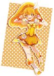  bike_shorts blonde_hair blush boots bow chiyo_(rotsurechiriha) choker cure_peace double_v eyelashes frills hair_flaps hair_ornament hairpin highres kise_yayoi long_hair magical_girl open_mouth orange_(color) orange_background orange_choker polka_dot polka_dot_background precure puffy_sleeves shorts shorts_under_skirt skirt smile smile_precure! solo teeth v wide_ponytail wings wrist_cuffs yellow yellow_bow yellow_eyes yellow_shorts yellow_skirt 