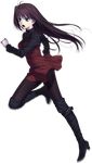  aozaki_aoko black_legwear blue_eyes boots brown_hair dress full_body hair_intakes high_heels knee_boots koyama_hirokazu long_hair mahou_tsukai_no_yoru motion_blur official_art pantyhose running shoes solo transparent_background 