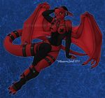  annoying_watermark anthro blue_eyes breasts clothed clothing dragon female horn legwear looking_at_viewer necklace necrodrone_(character) nipple_tape piercing pinup pose red_dragon scalie skimpy solo toeless_socks watermark wings zareonianwolf 