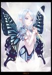  armlet bad_id bad_pixiv_id blue_eyes blue_hair blue_wings bodysuit border butterfly_wings dagger detached_sleeves fairy frills holding kiran nail_polish original pointy_ears puffy_sleeves short_hair shorts solo text_focus weapon windowboxed wings 