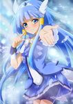  aoki_reika bike_shorts blue blue_background blue_eyes blue_hair blue_skirt blush cure_beauty eyelashes hair_tubes head_wings highres ice long_hair noa_p outstretched_hand pointing precure shorts shorts_under_skirt sidelocks skirt smile smile_precure! solo tiara 