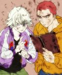  blonde_hair book commentary_request dirty edward_keddy eyebrows holding holding_book ivan_karelin jacket letterman_jacket male_focus mamemo_(daifuku_mame) messy_hair multiple_boys open_book purple_eyes purple_jacket red_hair tiger_&amp;_bunny 