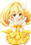  blonde_hair cure_peace double_v hair_flaps highres kanzaki_sora kise_yayoi long_hair magical_girl petals ponytail precure ribbon skirt smile_precure! solo v wide_ponytail wrist_cuffs yellow yellow_eyes yellow_skirt 