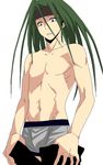  1boy abs androgynous envy_(fma) fullmetal_alchemist green_hair headband homunculus long_hair male male_focus navel pants_pull red_eyes shirtless solo topless underwear undressing 