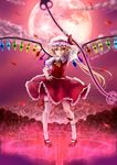  arm_up blonde_hair flandre_scarlet frilled_skirt frills full_moon hand_on_hip hat laevatein long_hair magic_circle moon multicolored multicolored_eyes pink_eyes red_footwear red_moon shoes side_ponytail single_thighhigh skirt skirt_set socks solo thighhighs touhou white_legwear wings xingyueyaoshi 