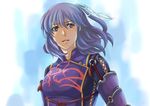  ao_no_kiseki aqua_background eiyuu_densetsu half_updo kazu_(2991308) purple_eyes purple_hair rixia_mao short_hair smile solo 
