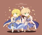  1girl ahoge armor armored_dress arthur_pendragon_(fate) artoria_pendragon_(all) bad_id bad_pixiv_id blonde_hair blue_cape caliburn cape character_name chibi dress excalibur excalibur_(fate/prototype) fate/prototype fate/stay_night fate_(series) flat_color gauntlets genderswap genderswap_(ftm) green_eyes hair_ribbon hood planted_sword planted_weapon ribbon saber srb7606 star sword weapon 