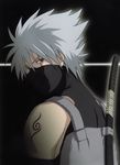  artist_request gradient gradient_background hatake_kakashi highres katana male male_focus naruto sharingan short_hair solo spiked_hair spiky_hair sword tattoo weapon weapons white_hair 