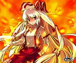  bow dress_shirt fire fujiwara_no_mokou hair_bow long_hair nerugal pants shirt signature silver_hair solo suspenders touhou white_hair 