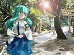  alternate_costume asa_(coco) detached_sleeves dual_persona forest gohei green_eyes green_hair kochiya_sanae lens_flare long_hair multiple_girls nature path road school_uniform shirt skirt stone_torii sunlight torii touhou tree 