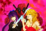  1boy 2girls at_gunpoint crossover deadpool gun gun_to_head gunpoint handgun marvel multiple_girls panty_&amp;_stocking_with_garterbelt panty_(character) panty_(psg) pistol scan stocking_(character) stocking_(psg) strap_slip sword weapon 