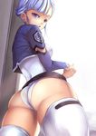  ass bad_id bad_pixiv_id blue_hair breasts covered_nipples fin_e_ld_si_laffinty from_behind fukai_ryousuke highres looking_back medium_breasts open_mouth panties purple_eyes rinne_no_lagrange short_hair solo thick_thighs thighhighs thighs underwear white_legwear window 