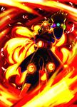  armor backlighting belt bracelet clenched_hand explosion fire grin helmet jewelry knee_pads long_sleeves looking_at_viewer momanchiman open_mouth rockman rockman_(classic) rockman_world smile solo standing sunstar waist_cape 