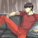  akira black_hair boots brown_hair couch kaneda_shoutarou looking_away male male_focus pillow red_pants red_shirt shirt short_hair shoutarou_kaneda sitting solo spread_legs t-shirt 