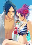  1girl bikini blue_hair breasts chrome_dokuro cloud clouds eyepatch flower heterochromia katekyo_hitman_reborn! outdoors purple_eyes purple_hair rokudo_mukuro rokudou_mukuro sky swimsuit 