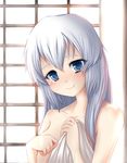  alternate_hairstyle bad_id bad_pixiv_id blue_eyes blush covering hair_down long_hair looking_at_viewer mononobe_no_futo nude_cover silver_hair smile solo tama_go tears touhou towel upper_body 