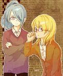  1boy 1girl androgynous blonde_hair blue_hair brown_eyes couple female glasses green_eyes inazuma_eleven inazuma_eleven_(series) kazemaru_ichirouta long_hair male miyasaka_ryou open_mouth reverse_trap smile sweater tomboy trap 