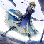  armor armored_dress artoria_pendragon_(all) blonde_hair blue_dress border breastplate dress dutch_angle empty_eyes excalibur fate/stay_night fate_(series) gauntlets green_eyes hair_ribbon hand_on_own_shoulder leg_armor puffy_sleeves ribbon rusuko saber solo sword weapon wind 