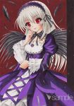  bad_id bad_pixiv_id black_wings bow dress feathers flower frilled_dress frills gothic_lolita hairband head_tilt lolita_fashion long_hair munmu red_eyes rose rozen_maiden sample silver_hair simple_background suigintou traditional_media wings 