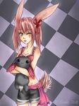  1girl :3 animal_ears checkered checkered_background chequered_background clothing female green_eyes hair hair_bow holding human lagomorph little-miss-boxie long_ears long_hair mammal midriff mound_of_venus navel one_eye_closed pubic_mound red_hair shirt short_tail shorts signature solo tail tank_top wink 
