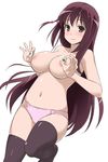  black_legwear blush breasts covering_nipples large_breasts long_hair looking_at_viewer mahjong mahjong_tile matsumi_kuro navel nipples panties pink_panties puffy_nipples pun purple_eyes purple_hair saki saki_achiga-hen simple_background smile solo thighhighs topless underwear underwear_only very_long_hair white_background youkan 