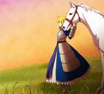  afjc ahoge armor armored_dress artoria_pendragon_(all) blonde_hair dress fate/stay_night fate_(series) faulds field gauntlets hair_ribbon horse ribbon saber solo sunset 
