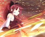  bow fang fire food hair_bow highres long_hair magical_girl mahou_shoujo_madoka_magica meracle mouth_hold pocky ponytail red_eyes red_hair sakura_kyouko solo weapon 