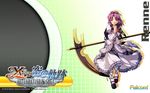  2010 ascot bow character_name company_name copyright_name dress eiyuu_densetsu enami_katsumi frills full_body hair_bow highres holding holding_scythe logo official_art pointing purple_hair red_neckwear renne scythe shoes short_hair smile socks solo sora_no_kiseki white_dress yellow_eyes ys_vs_sora_no_kiseki_alternative_saga 