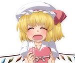  blonde_hair blush bow box closed_eyes crystal flandre_scarlet heart heart-shaped_box ribbon ruku_(alicecreation) solo touhou valentine wings 