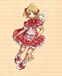  ahoge apron arie_(lovelipop) bad_id bad_pixiv_id blonde_hair bobby_socks bow curtsey frilled_apron frills full_body grey_eyes highres polka_(trusty_bell) red_skirt ribbon sepia_background shawl shoes short_hair skirt smile socks solo trusty_bell younger 