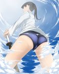  ass black_hair brown_eyes cloud day from_below giantess highres long_hair looking_down ponytail sakamoto_mio school_swimsuit shirt sky smile solo standing strike_witches swimsuit swimsuit_under_clothes sword terada_ochiko weapon white_shirt wooden_sword world_witches_series 