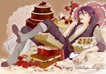  bad_id bad_pixiv_id black_eyes black_hair boots box brown_background cake checkerboard_cookie chocolate chocolate_cake chocolate_heart coat cookie dessert doily flower food fruit full_body gift gift_bag gift_box grey_footwear heart heart-shaped_box heart-shaped_food highres knee_boots long_hair male_focus orange pants pocky polka_dot polka_dot_background pudding red_flower red_rose ribbon rose solo strawberry tales_of_(series) tales_of_vesperia tokimura_(cuore) valentine yuri_lowell 
