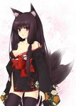  animal_ears bare_shoulders black_hair black_legwear fox_ears fox_tail highres japanese_clothes kimono long_hair multiple_tails no_panties off_shoulder orange_eyes original short_kimono sicx_lives side_slit solo tail thighhighs utakata_(kochou_no_yume) zettai_ryouiki 