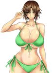  1girl amano_mokuzu armpits bikini breasts brown_eyes brown_hair character_request curvy female green_bikini hips huge_breasts masaki_nonoka mound_of_venus navel photokano short_hair simple_background solo standing swimsuit umino_mokuzu_(a4_size) white_background wide_hips 