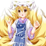  arms_up bad_id bad_pixiv_id blonde_hair blush dress fox_tail hat highres kmkm9696 multiple_tails ofuda open_mouth solo tabard tail touhou white_dress yakumo_ran yellow_eyes 