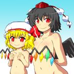  black_hair black_wings blonde_hair breasts censored child collarbone convenient_censoring flandre_scarlet gomi_ichigo hat highres large_breasts multiple_girls nude out-of-frame_censoring red_eyes shameimaru_aya short_hair side_ponytail smile touhou upper_body wings 